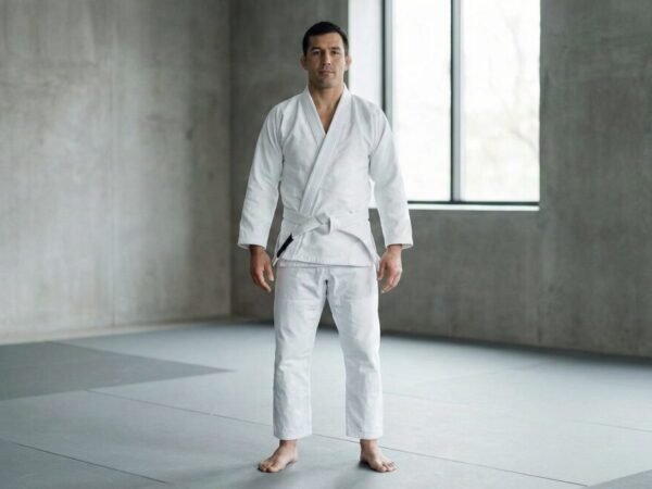 Praticante de jiu-jitsu usando kimono com ajuste correto de mangas e calça no tatame