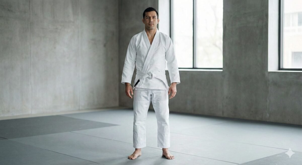 Praticante de jiu-jitsu usando kimono com ajuste correto de mangas e calça no tatame