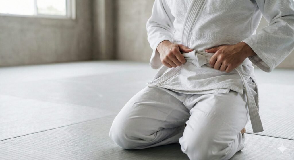 Faixa branca ajustando o cinto do kimono em tatame, simbolizando o início no jiu-jitsu
