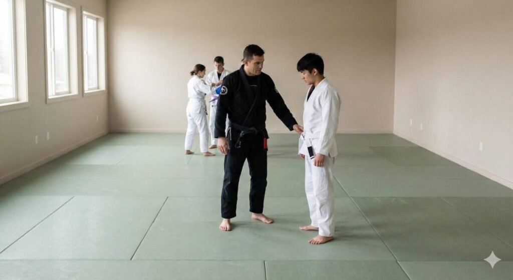 Iniciante de jiu-jitsu treinando em aula com poucos alunos em ambiente calmo e instrutivo
