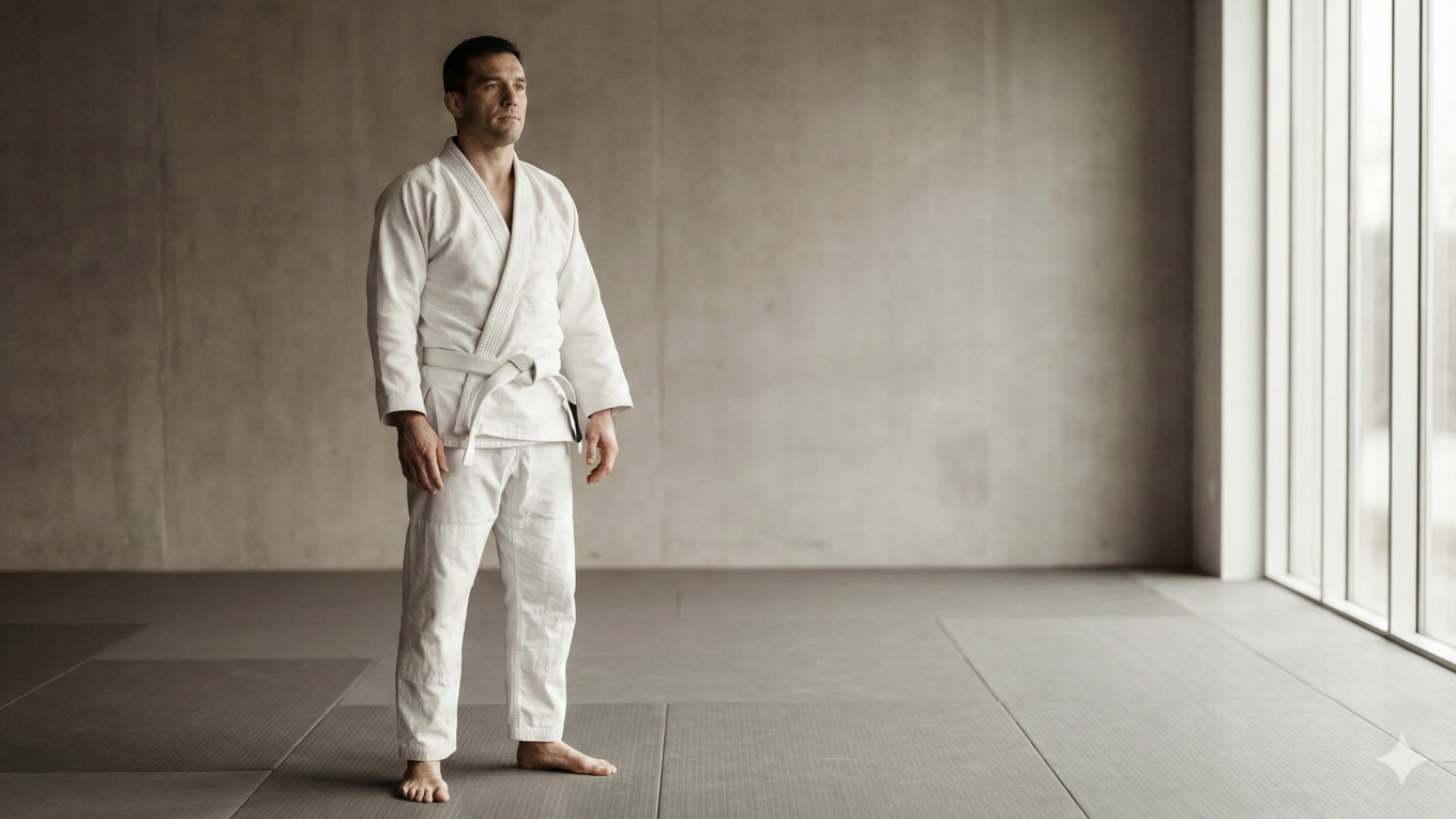 Iniciante dando os primeiros passos no jiu-jitsu em dojo