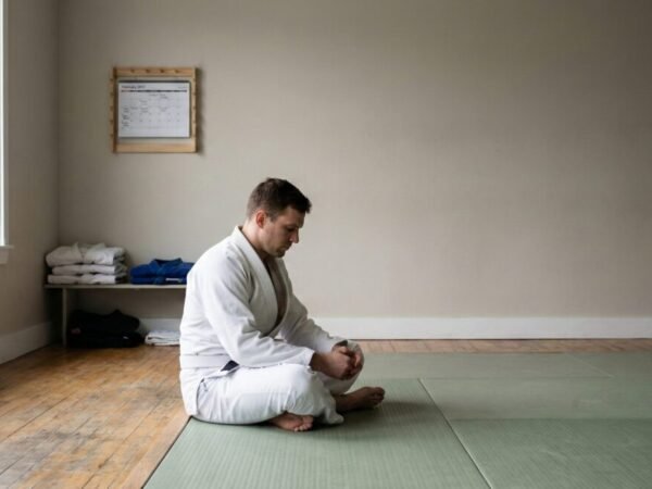 Iniciante de jiu-jitsu sentado no tatame após o treino, refletindo sobre frequência de treino semanal