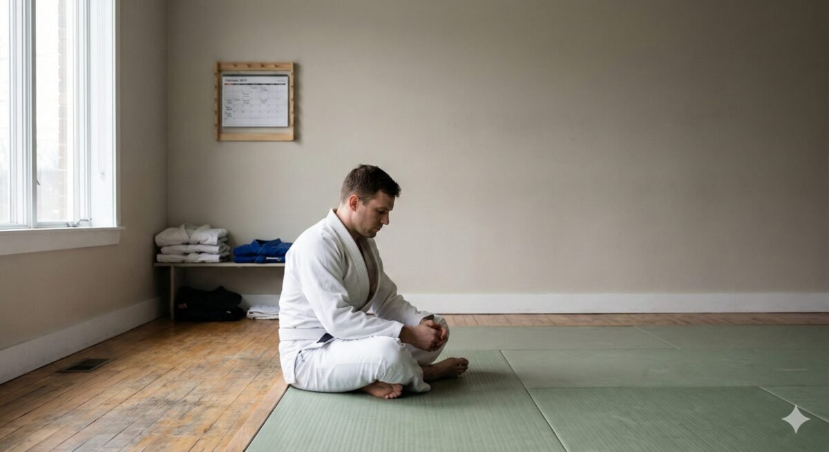 Iniciante de jiu-jitsu sentado no tatame após o treino, refletindo sobre frequência de treino semanal