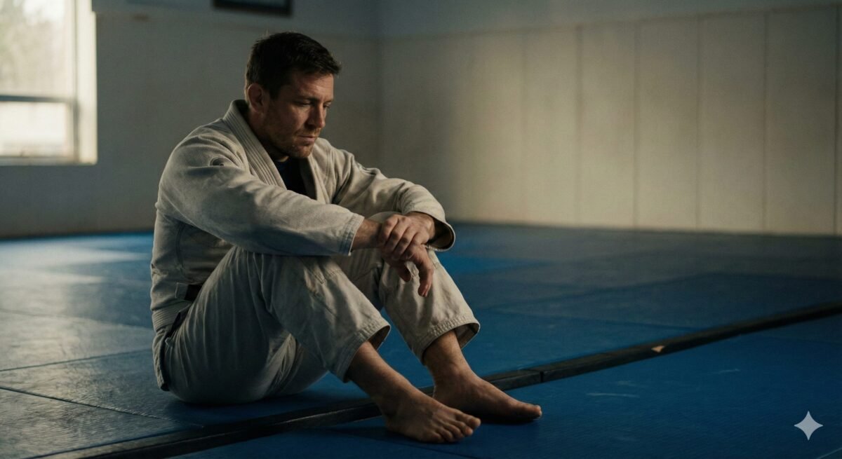 Faixa branca de jiu-jitsu treinando em aula supervisionada por instrutor em ambiente calmo